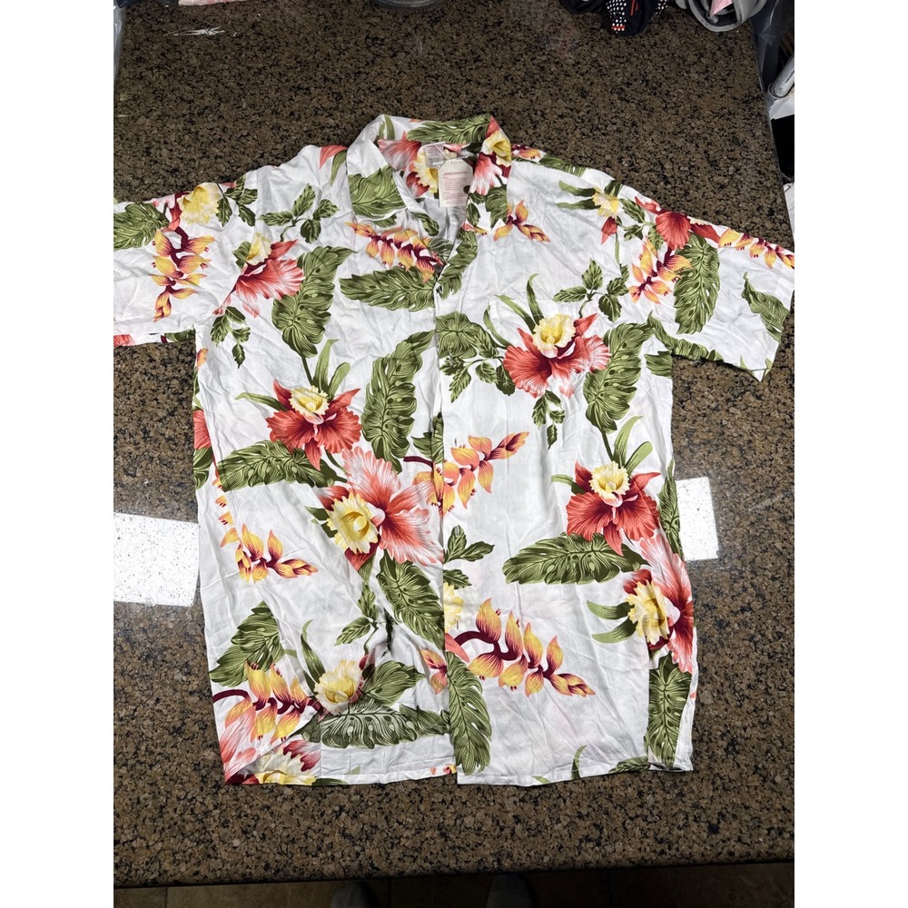 Hawaii Hangover Mens 2XL White Tropical Floral Hibiscus Rayon Aloha Camp Shirt